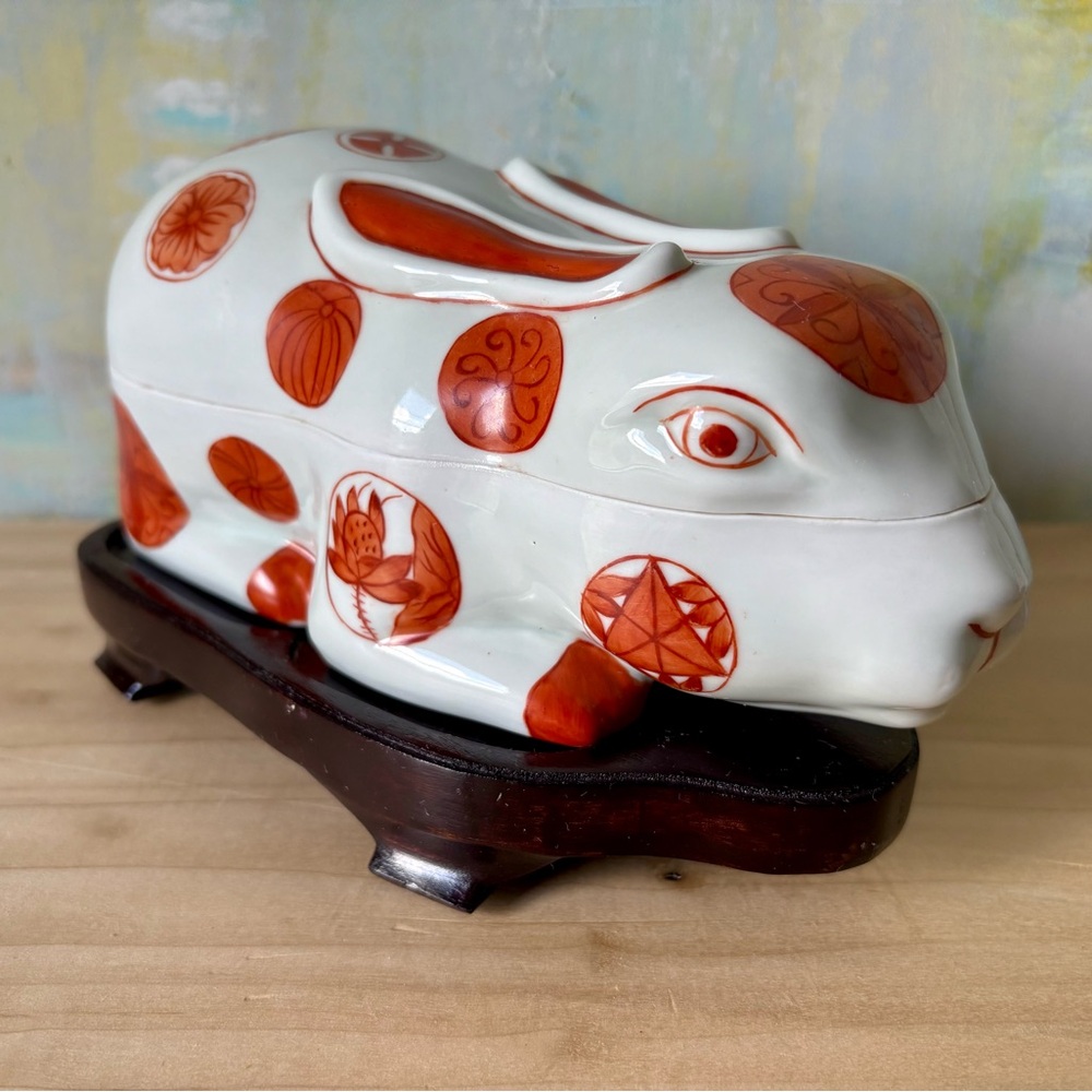 Unique Vintage Ceramic Rabbit with Red-Orange Patterns